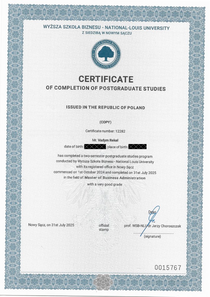 Postgraduate MBA studies — complete certificate preview